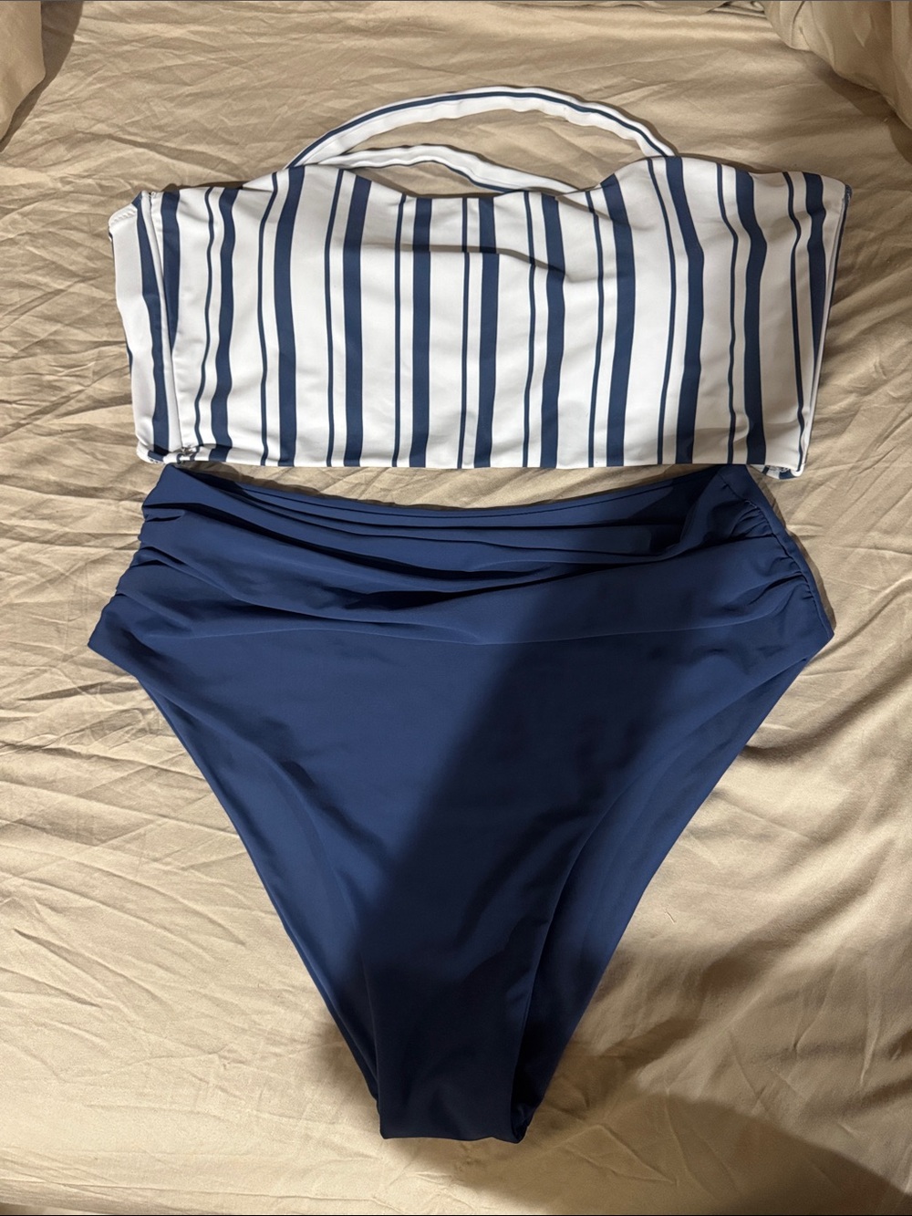 SHEIN White & Navy Striped Bandeau Bikini Top with Solid Navy High-Waist Bottoms